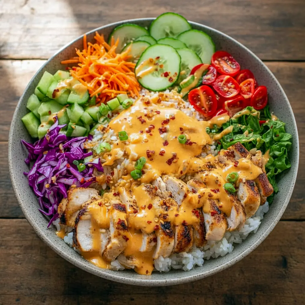 Irresistible Bang Bang Chicken Bowl served with rice and veggies, ideal for Spicy Meal Prep Ideas, neatly portioned Food Prep Bowls, simple Easy Meal Prep Bowls, and finished with a creamy homemade Chicken Bowl Sauce.