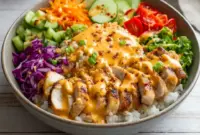 Irresistible Bang Bang Chicken Bowl served with rice and veggies, ideal for Spicy Meal Prep Ideas, neatly portioned Food Prep Bowls, simple Easy Meal Prep Bowls, and finished with a creamy homemade Chicken Bowl Sauce.