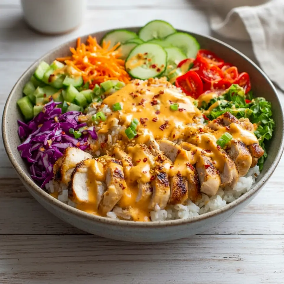 Irresistible Bang Bang Chicken Bowl served with rice and veggies, ideal for Spicy Meal Prep Ideas, neatly portioned Food Prep Bowls, simple Easy Meal Prep Bowls, and finished with a creamy homemade Chicken Bowl Sauce.