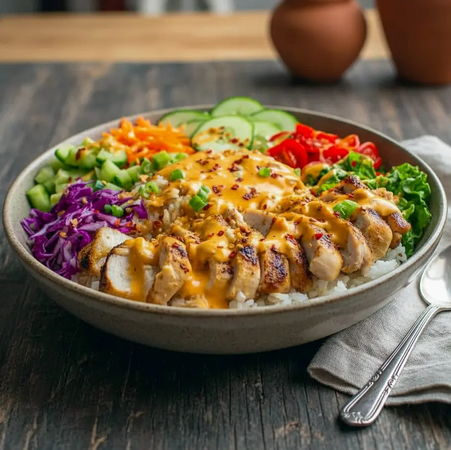 Irresistible Bang Bang Chicken Bowl served with rice and veggies, ideal for Spicy Meal Prep Ideas, neatly portioned Food Prep Bowls, simple Easy Meal Prep Bowls, and finished with a creamy homemade Chicken Bowl Sauce.