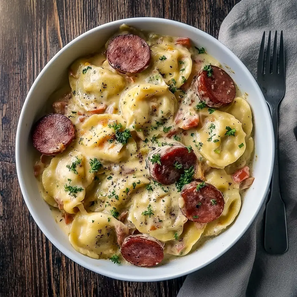 Creamy slow cooker pierogi casserole with sliced kielbasa sausage, melted cheese, and rich sauce served hot as a comforting family-style dinner.