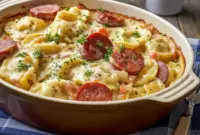 Creamy slow cooker pierogi casserole with sliced kielbasa sausage, melted cheese, and rich sauce served hot as a comforting family-style dinner.