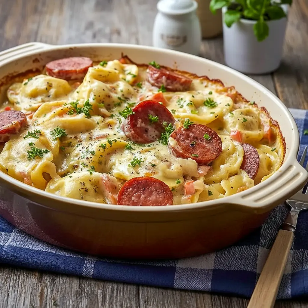 Creamy slow cooker pierogi casserole with sliced kielbasa sausage, melted cheese, and rich sauce served hot as a comforting family-style dinner.