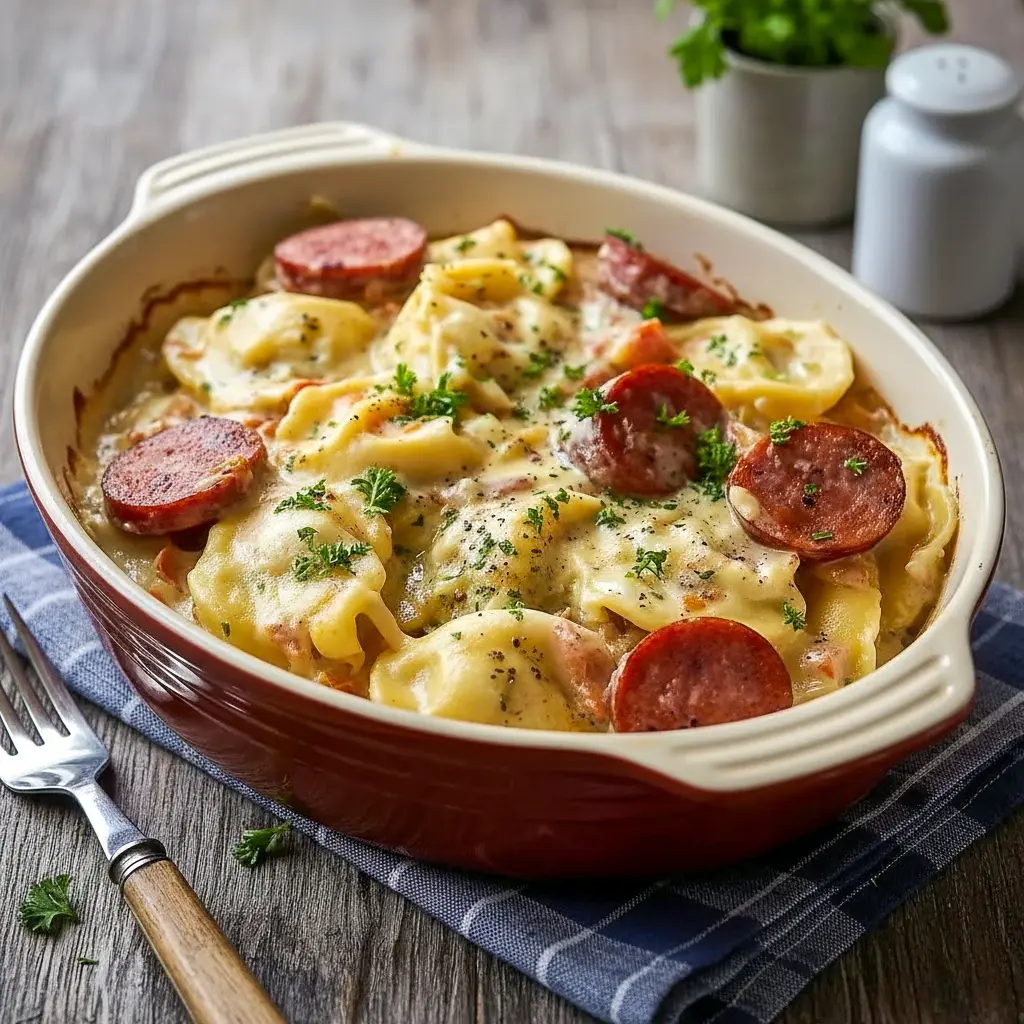 Creamy slow cooker pierogi casserole with sliced kielbasa sausage, melted cheese, and rich sauce served hot as a comforting family-style dinner.