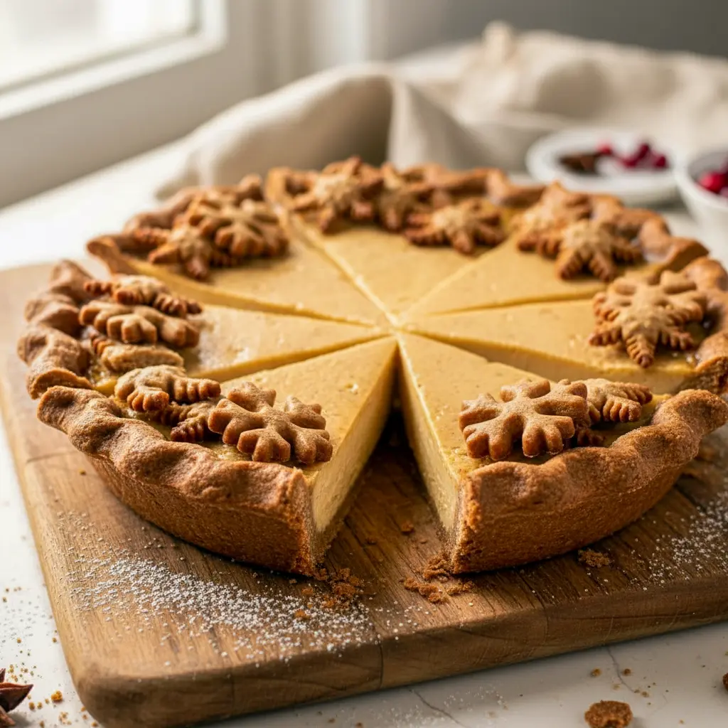 Slice of creamy ginger-spiced Eggnog Pie With Gingerbread Crust topped with whipped cream and nutmeg, served on a holiday table with festive decorations.