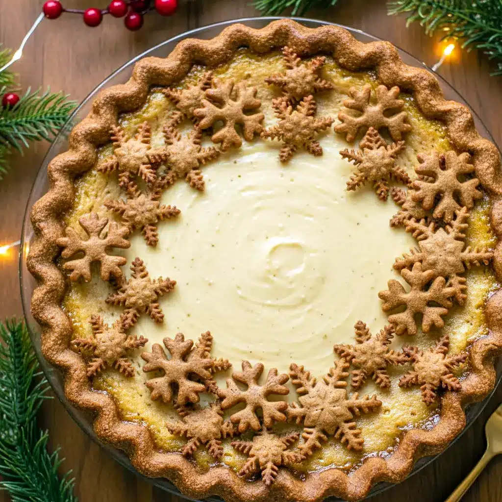 Slice of creamy ginger-spiced Eggnog Pie With Gingerbread Crust topped with whipped cream and nutmeg, served on a holiday table with festive decorations.