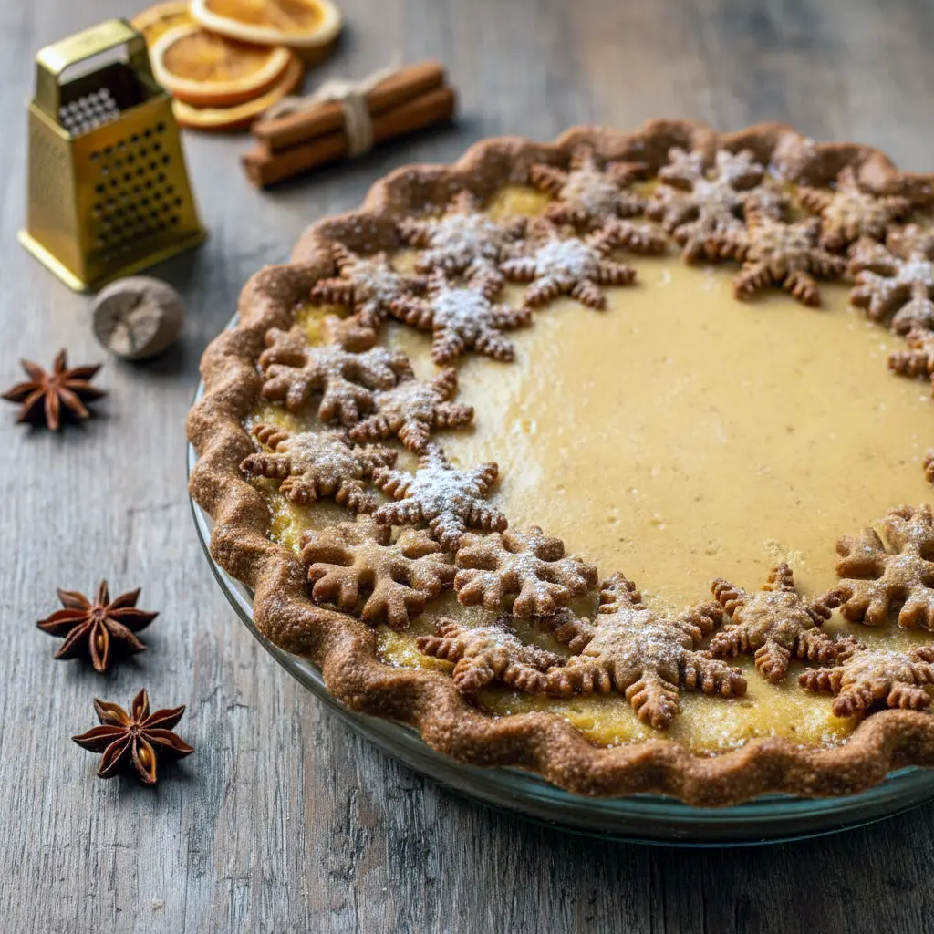Slice of creamy ginger-spiced Eggnog Pie With Gingerbread Crust topped with whipped cream and nutmeg, served on a holiday table with festive decorations.