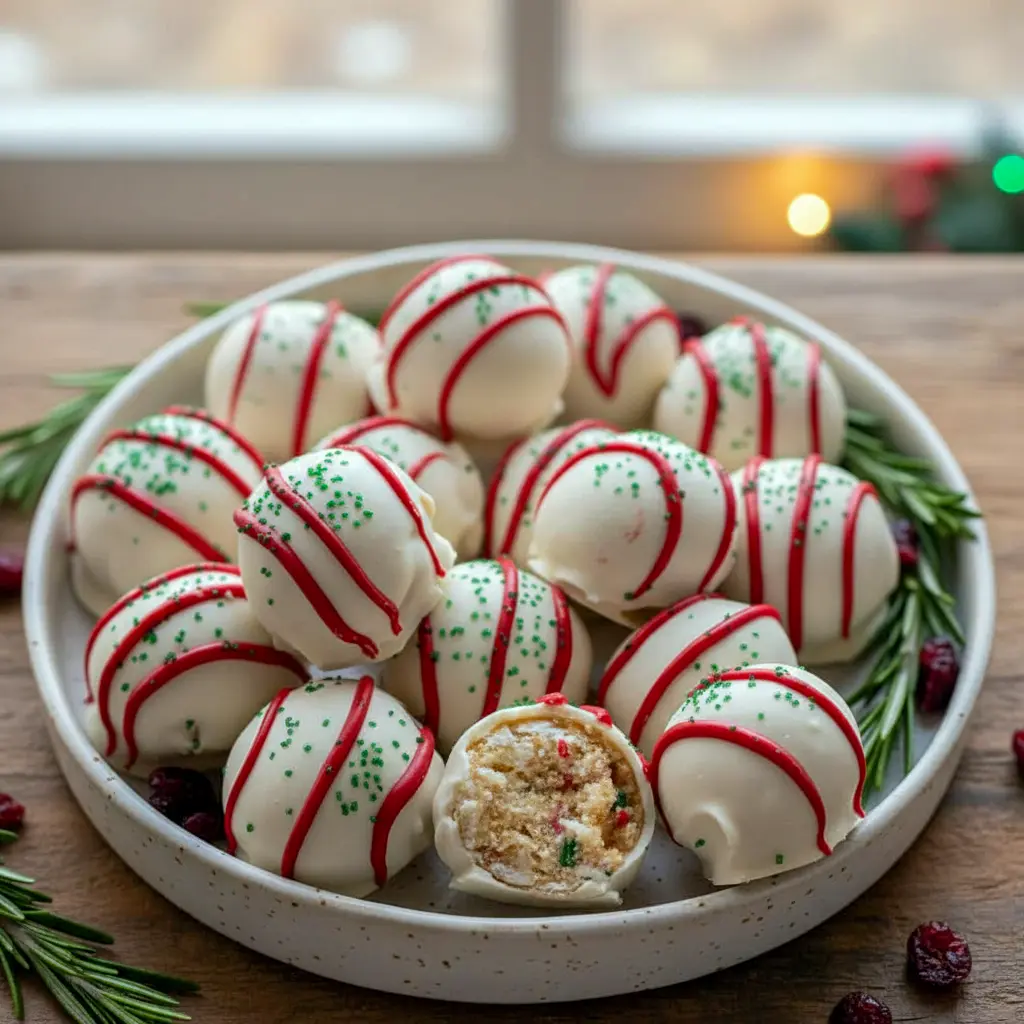 Close-up of creamy Christmas Tree Truffles made from Little Debbie Christmas Snack Cakes, dipped in white chocolate with red drizzle and green sprinkles, displayed as festive Christmas Bakery Desserts for easy Desserts Holiday celebrations.