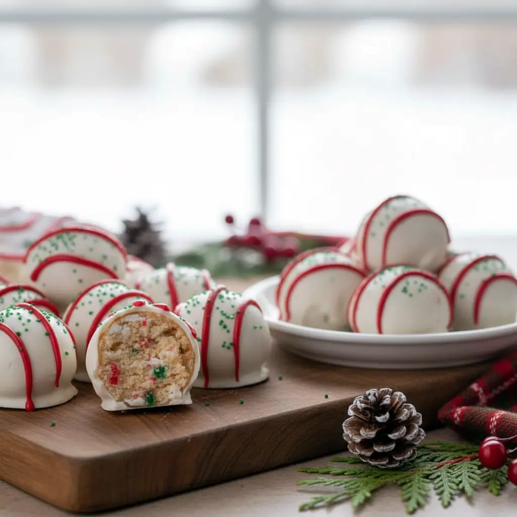 Close-up of creamy Christmas Tree Truffles made from Little Debbie Christmas Snack Cakes, dipped in white chocolate with red drizzle and green sprinkles, displayed as festive Christmas Bakery Desserts for easy Desserts Holiday celebrations.