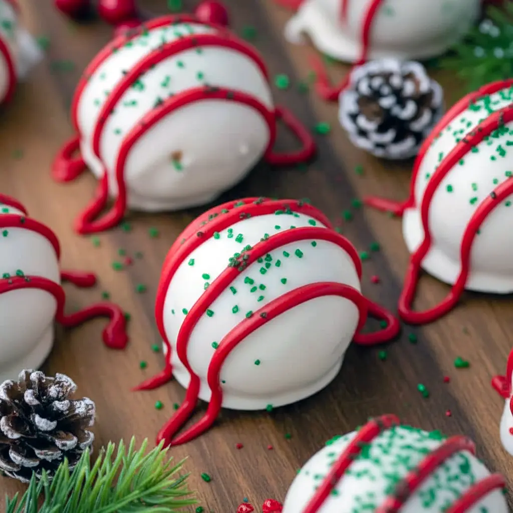 Close-up of creamy Christmas Tree Truffles made from Little Debbie Christmas Snack Cakes, dipped in white chocolate with red drizzle and green sprinkles, displayed as festive Christmas Bakery Desserts for easy Desserts Holiday celebrations.