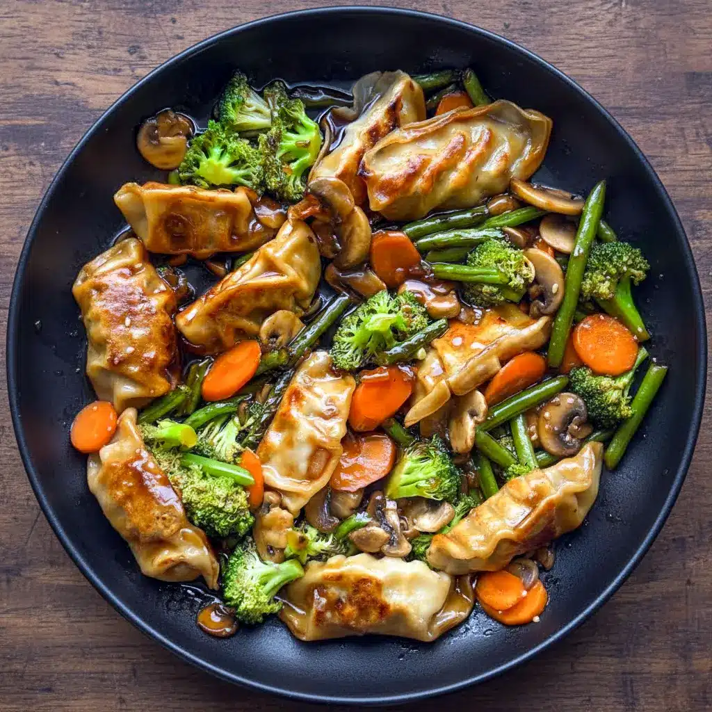Colorful skillet filled with vegetables and potstickers tossed in a savory sauce for an Asian Style Stir-fry Meal, highlighting a homemade Pot Sticker Stir Fry Recipe that doubles as a Frozen Potstickers Recipe and resembles a Traditional Chinese Stir-fry Meal with fresh textures and vibrant colors.