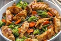 Irresistible Potsticker Stir Fry Recipe for a Fast Asian-Style Weeknight Win2 Colorful skillet filled with vegetables and potstickers tossed in a savory sauce for an Asian Style Stir-fry Meal, highlighting a homemade Pot Sticker Stir Fry Recipe that doubles as a Frozen Potstickers Recipe and resembles a Traditional Chinese Stir-fry Meal with fresh textures and vibrant colors.