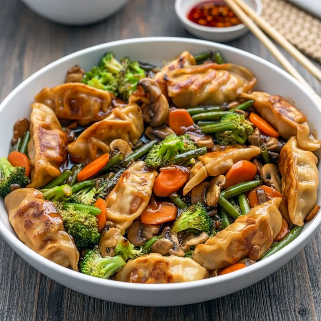 Colorful skillet filled with vegetables and potstickers tossed in a savory sauce for an Asian Style Stir-fry Meal, highlighting a homemade Pot Sticker Stir Fry Recipe that doubles as a Frozen Potstickers Recipe and resembles a Traditional Chinese Stir-fry Meal with fresh textures and vibrant colors.