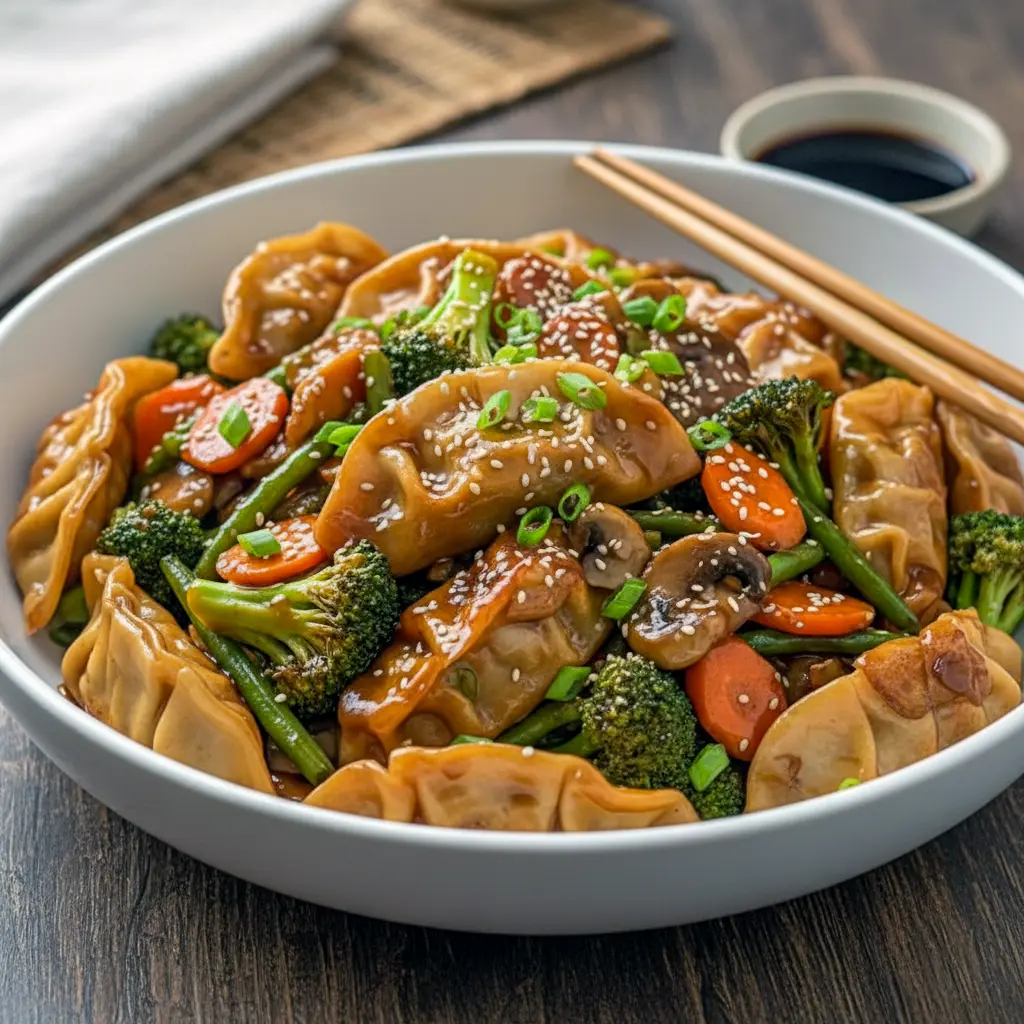 Colorful skillet filled with vegetables and potstickers tossed in a savory sauce for an Asian Style Stir-fry Meal, highlighting a homemade Pot Sticker Stir Fry Recipe that doubles as a Frozen Potstickers Recipe and resembles a Traditional Chinese Stir-fry Meal with fresh textures and vibrant colors.