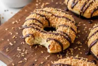 Irresistible Samoa Protein Donuts – A High Protein Donut Recipe That Actually Tastes Good1 Freshly baked High Protein Donut Recipe Samoa-style donuts topped with chocolate, coconut, and glaze, ideal for Protein Doughnuts, Protein Donut Recipe, and High Protein Sugar Free Desserts made with a Protein Powder Donut Recipe.