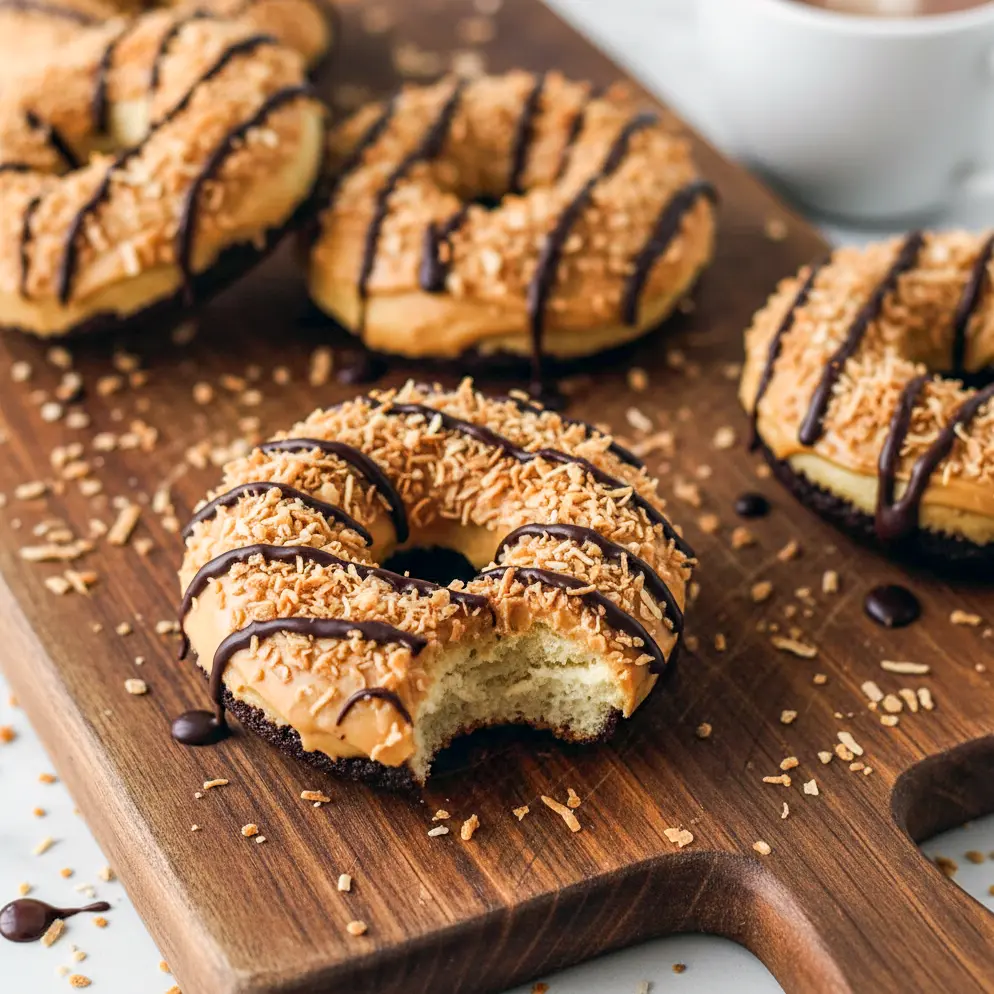 Freshly baked High Protein Donut Recipe Samoa-style donuts topped with chocolate, coconut, and glaze, ideal for Protein Doughnuts, Protein Donut Recipe, and High Protein Sugar Free Desserts made with a Protein Powder Donut Recipe.