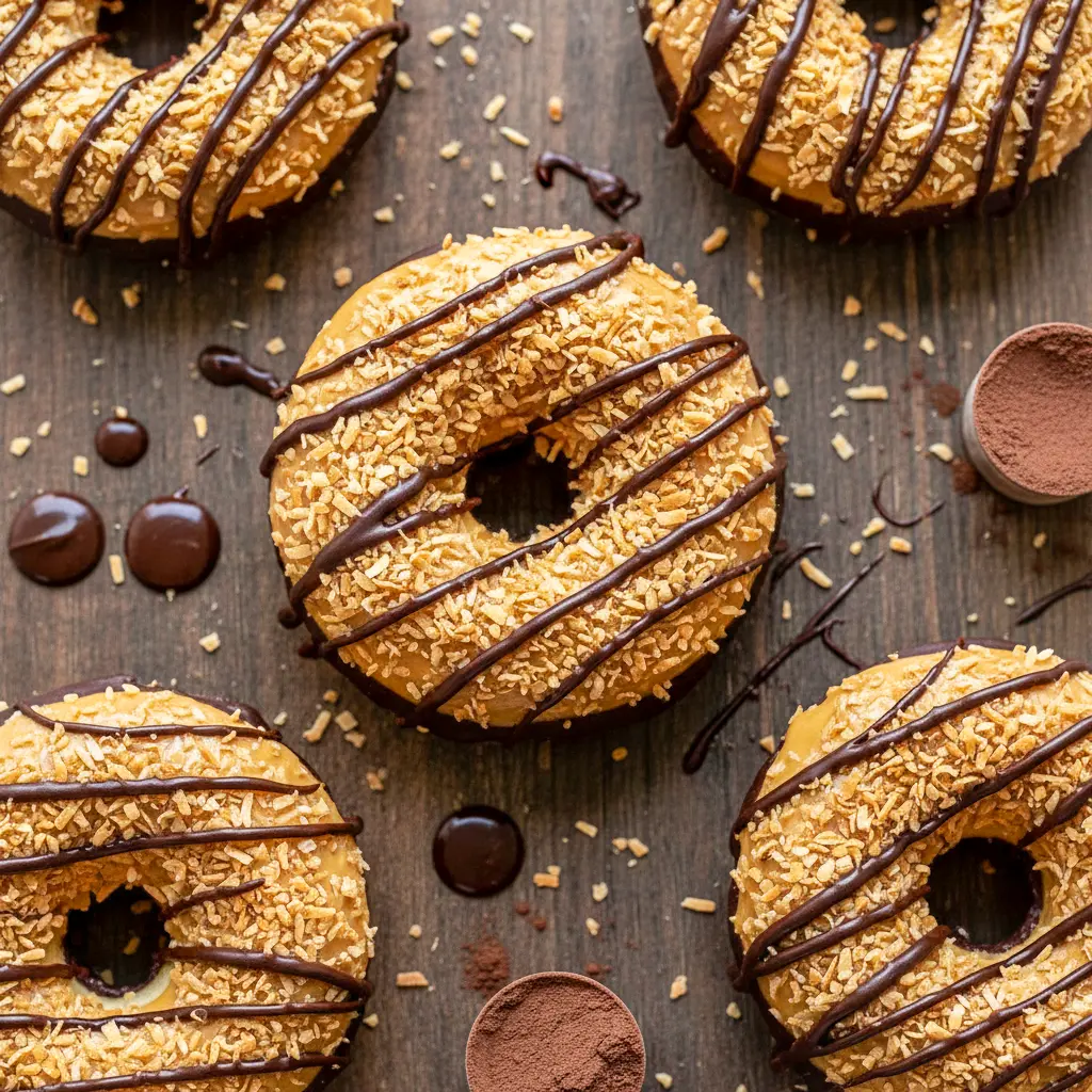 Freshly baked High Protein Donut Recipe Samoa-style donuts topped with chocolate, coconut, and glaze, ideal for Protein Doughnuts, Protein Donut Recipe, and High Protein Sugar Free Desserts made with a Protein Powder Donut Recipe.