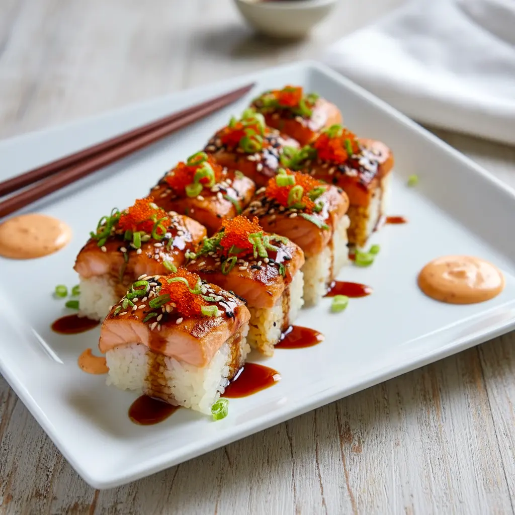Spicy salmon sushi bake topped with creamy sauce and garnishes, styled for an Easy Dinner Salmon dish with bold flavor, perfect for saving as Fit Food Recipes inspiration.