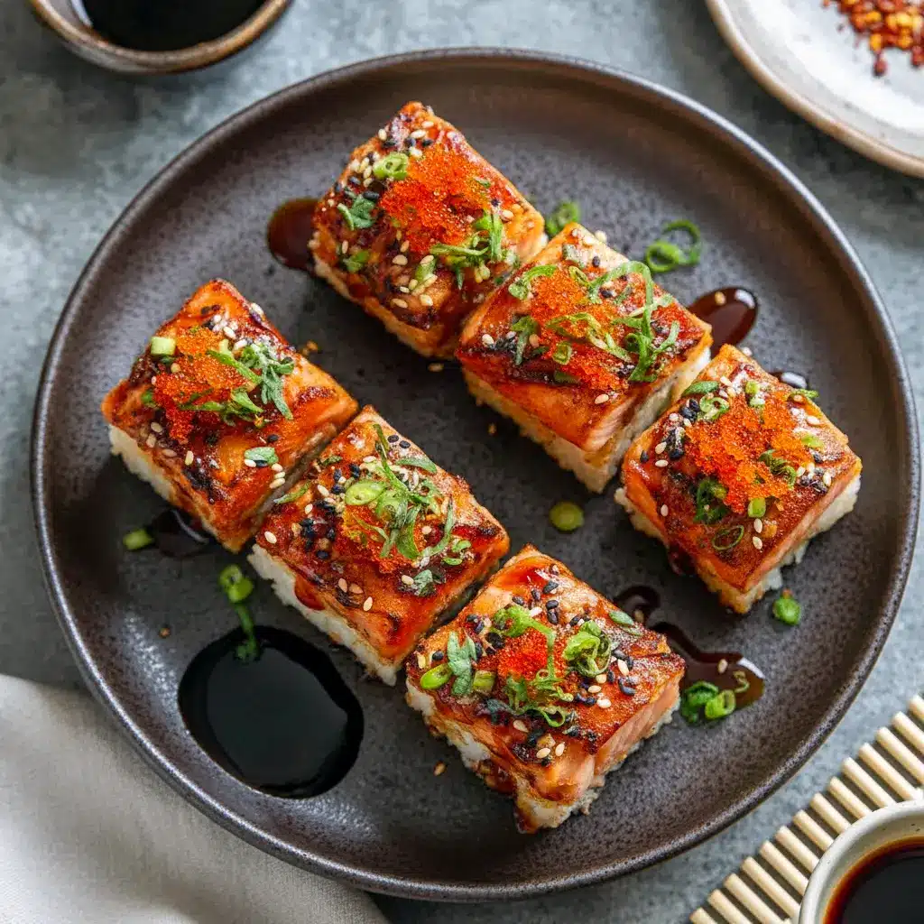 Spicy salmon sushi bake topped with creamy sauce and garnishes, styled for an Easy Dinner Salmon dish with bold flavor, perfect for saving as Fit Food Recipes inspiration.