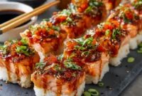 Spicy salmon sushi bake topped with creamy sauce and garnishes, styled for an Easy Dinner Salmon dish with bold flavor, perfect for saving as Fit Food Recipes inspiration.