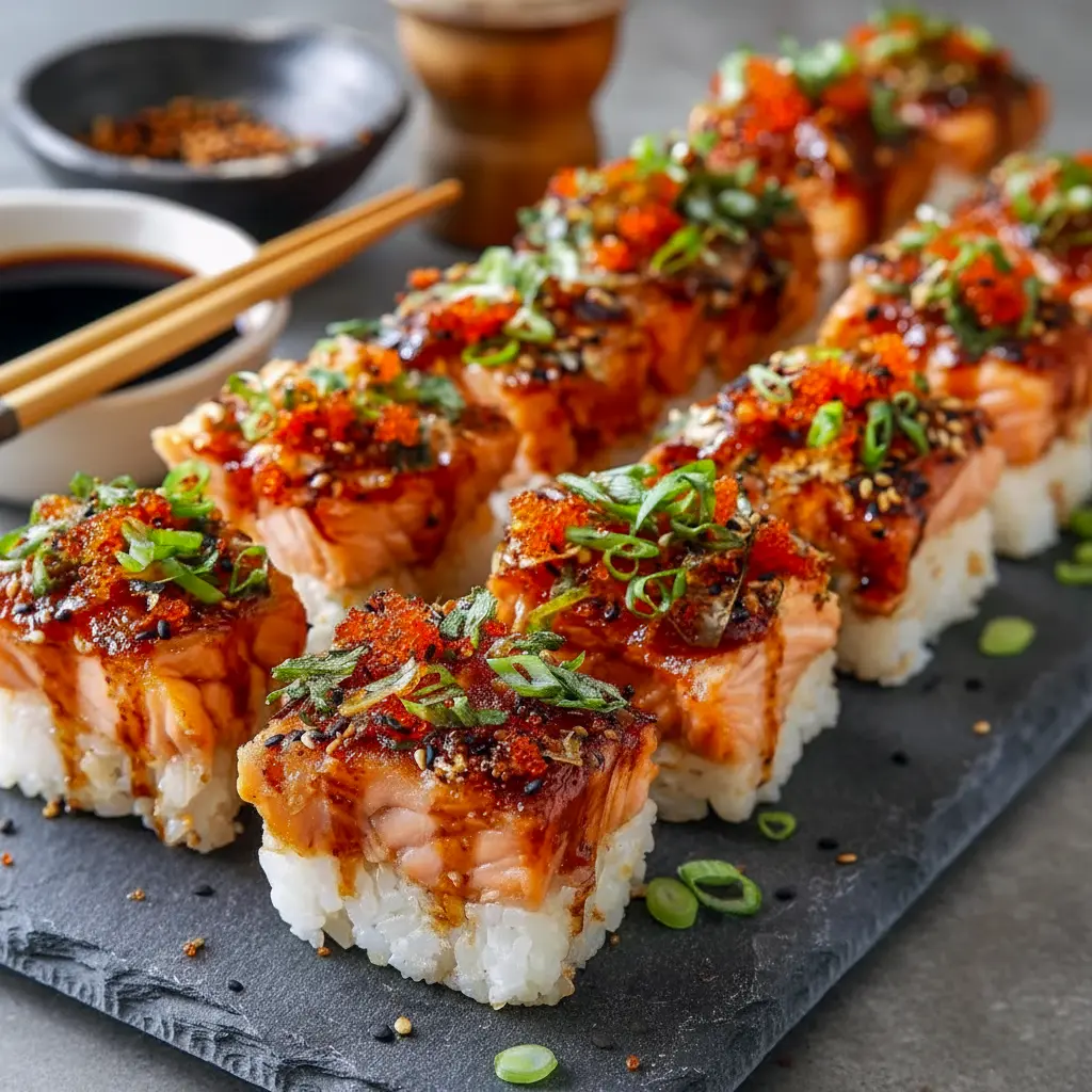 Spicy salmon sushi bake topped with creamy sauce and garnishes, styled for an Easy Dinner Salmon dish with bold flavor, perfect for saving as Fit Food Recipes inspiration.