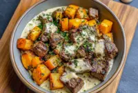 Irresistible Steak & Butternut Squash Bowls – A Power-Packed Butternut Squash Dinner Win1 A warm, colorful bowl featuring sliced steak paired with roasted squash, highlighting the delicious combo of Steak And Butternut Squash, tender Steak Butternut Squash, and rich Butternut Squash Beef Recipes, all arranged in a cozy Butternut Squash Bowl.