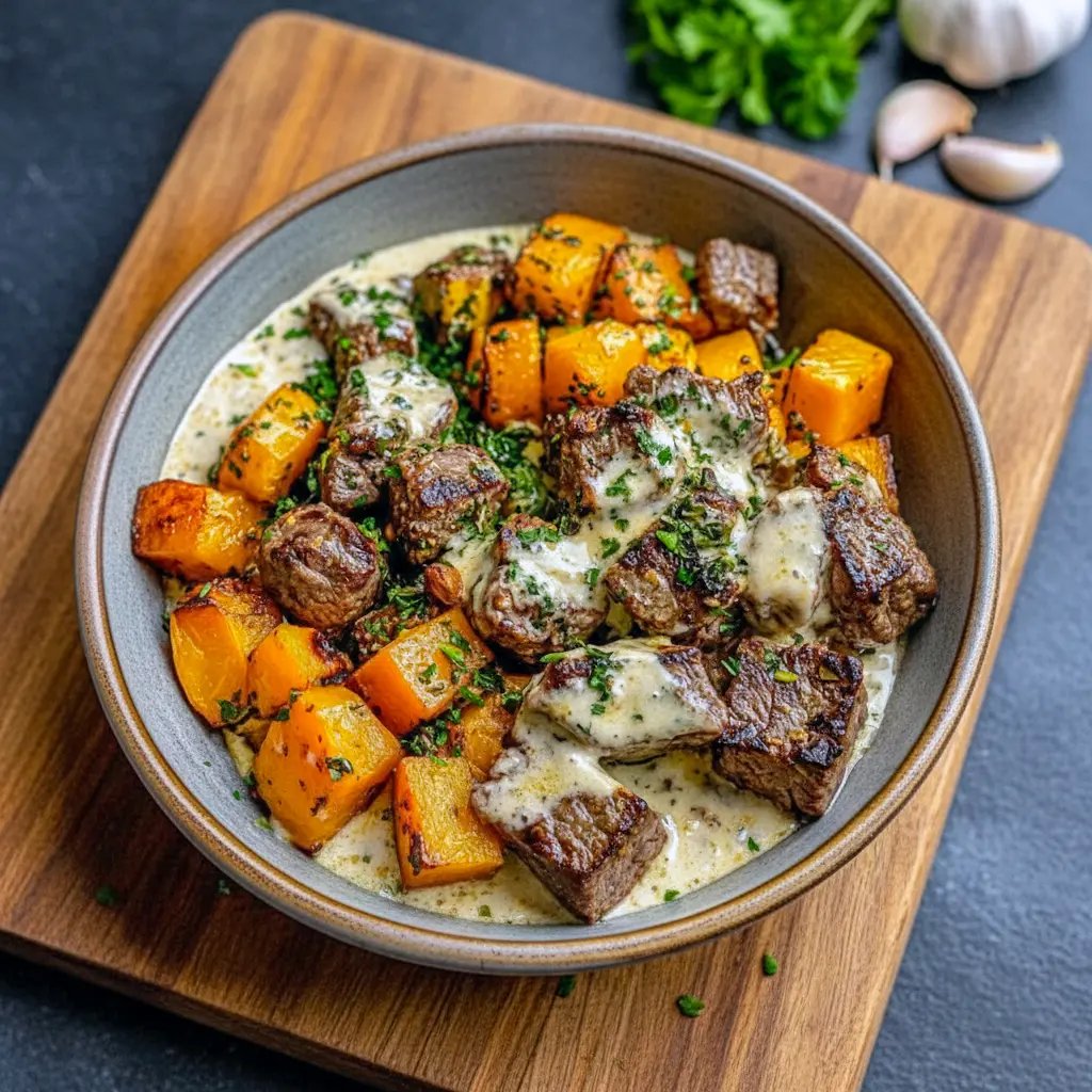 A warm, colorful bowl featuring sliced steak paired with roasted squash, highlighting the delicious combo of Steak And Butternut Squash, tender Steak Butternut Squash, and rich Butternut Squash Beef Recipes, all arranged in a cozy Butternut Squash Bowl.