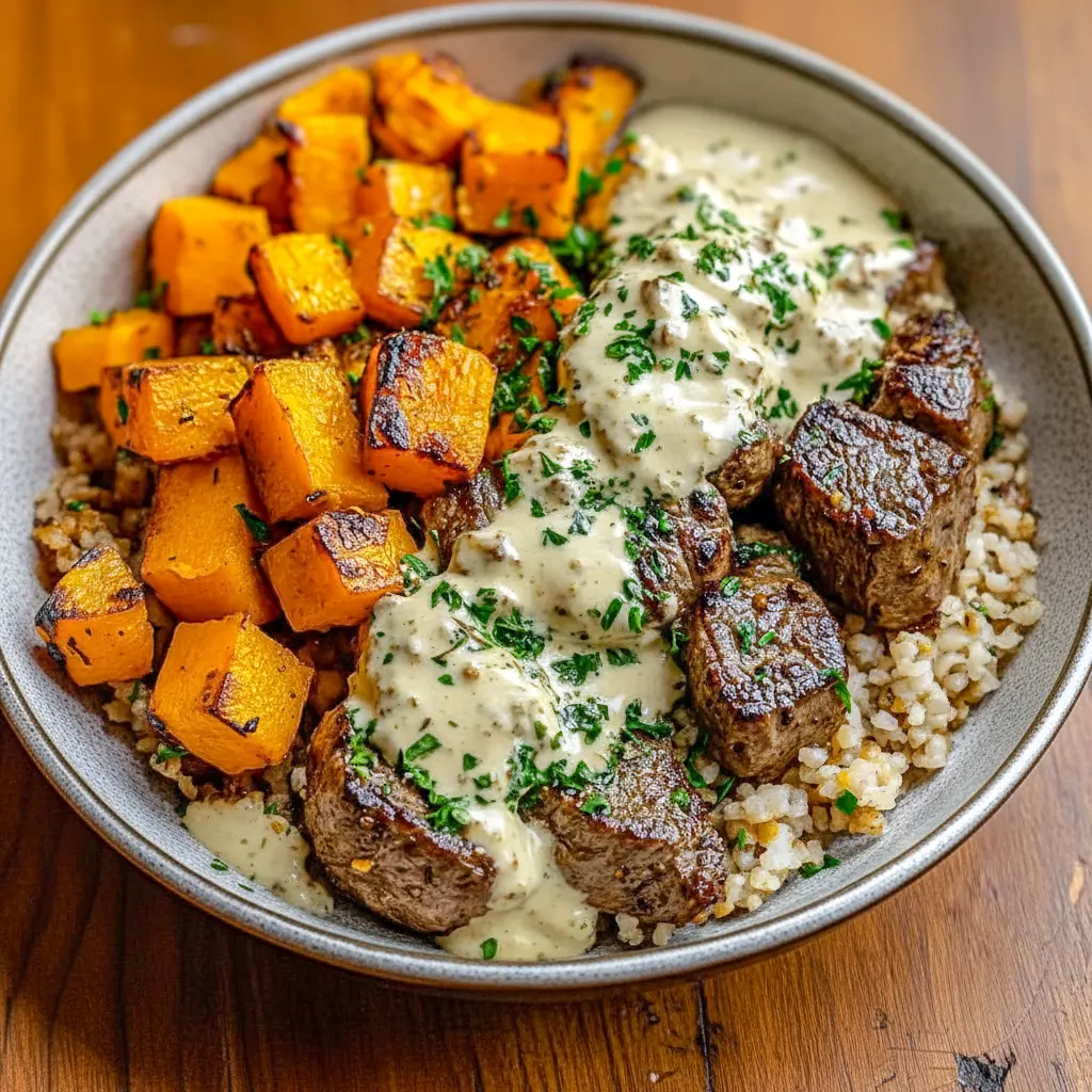 A warm, colorful bowl featuring sliced steak paired with roasted squash, highlighting the delicious combo of Steak And Butternut Squash, tender Steak Butternut Squash, and rich Butternut Squash Beef Recipes, all arranged in a cozy Butternut Squash Bowl.