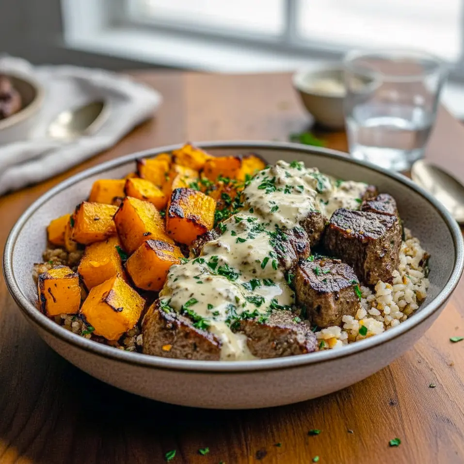 A warm, colorful bowl featuring sliced steak paired with roasted squash, highlighting the delicious combo of Steak And Butternut Squash, tender Steak Butternut Squash, and rich Butternut Squash Beef Recipes, all arranged in a cozy Butternut Squash Bowl.