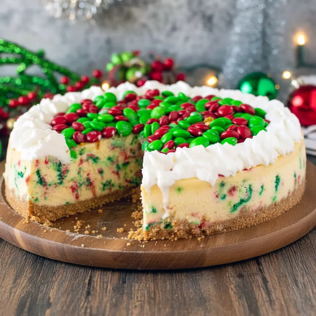A beautifully decorated Christmas Decorated Cheesecake topped with festive sprinkles and holiday accents, styled as an Easy Homemade Christmas Cheesecake inspired by Christmas Tree Snack Cake Cheesecake designs. This cozy dessert showcases How To Make Festive Cheesecake at home with a cheerful Christmas Theme Cheesecake look, perfect for fans of Easy Christmas Cheesecake, classic Christmas Cheesecake Recipes, a joyful Holiday Cheesecake, and a stunning Christmas Cheesecake centerpiece.