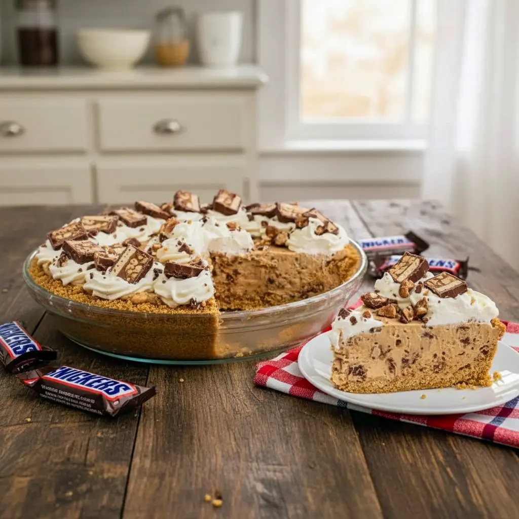 Close-up of a creamy no-bake Snickers pie topped with chopped candy bars, showing its layered texture and rich chocolate-peanut-caramel swirl.