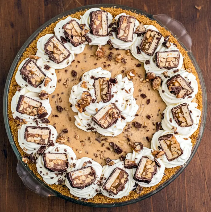 Close-up of a creamy no-bake Snickers pie topped with chopped candy bars, showing its layered texture and rich chocolate-peanut-caramel swirl.