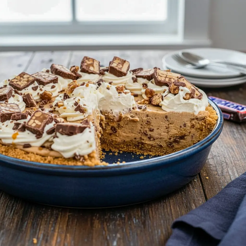 Close-up of a creamy no-bake Snickers pie topped with chopped candy bars, showing its layered texture and rich chocolate-peanut-caramel swirl.