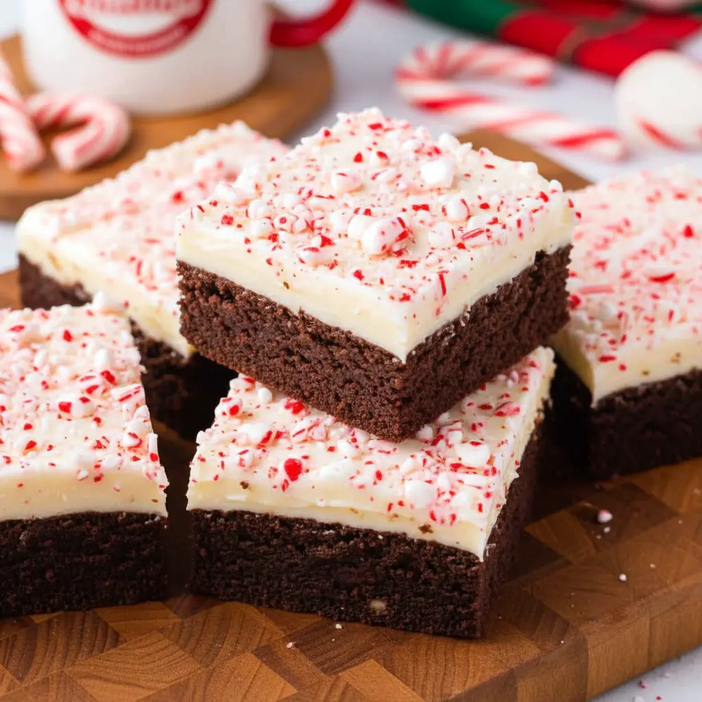 A batch of fudgy peppermint bark brownies topped with melted white chocolate and crushed candy canes, displayed as festive Christmas Desserts Bars perfect for holiday celebrations.