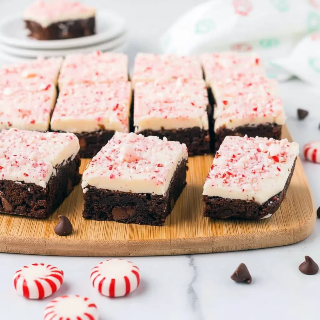 A batch of fudgy peppermint bark brownies topped with melted white chocolate and crushed candy canes, displayed as festive Christmas Desserts Bars perfect for holiday celebrations.