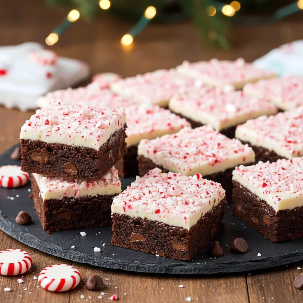 A batch of fudgy peppermint bark brownies topped with melted white chocolate and crushed candy canes, displayed as festive Christmas Desserts Bars perfect for holiday celebrations.