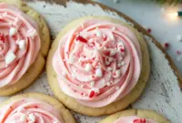 Soft frosted peppermint cookies topped with crushed candy canes, inspired by Peppermint Cream Cheese Cookies, decorated with Peppermint Icing For Cookies, and perfect for Peppermint Baking; a festive Peppermint Sugar Cookies Recipe that echoes the coziness of Peppermint Sour Cream Cookies and the richness of Peppermint Cheesecake Cookies, creating a joyful Peppermint Cookies Recipe full of bright Christmas Cookie Flavors for any holiday Christmas Cookies Recipe spread.