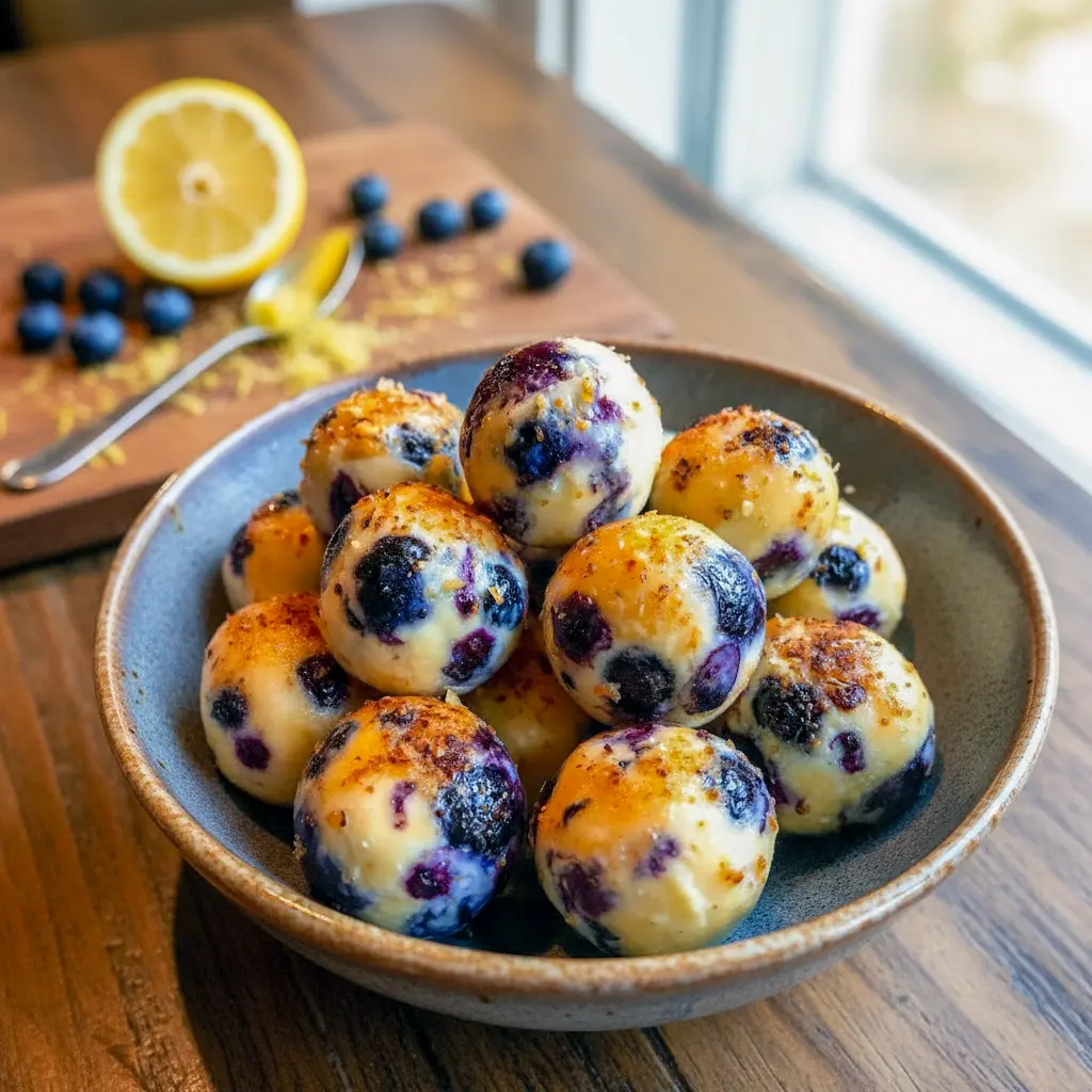 Lemon blueberry cottage cheese protein bites arranged on parchment with fresh blueberries and lemon zest for a healthy snack.