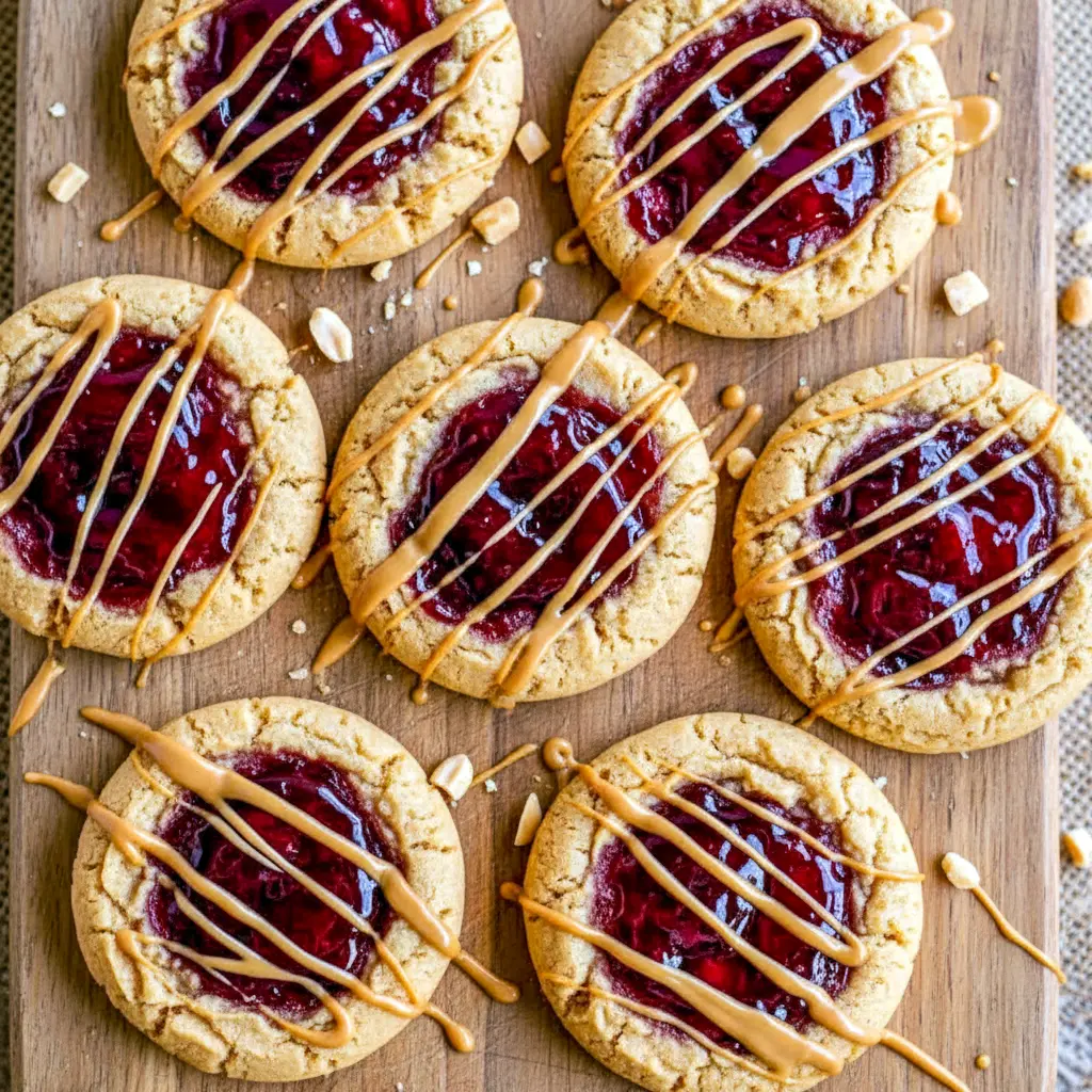 Soft peanut butter cookies topped with a glossy Jelly Filling For Cookies, styled as festive Jam Treats, arranged on a baking rack with vibrant jam bowls nearby.