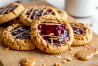 Soft peanut butter cookies topped with a glossy Jelly Filling For Cookies, styled as festive Jam Treats, arranged on a baking rack with vibrant jam bowls nearby.