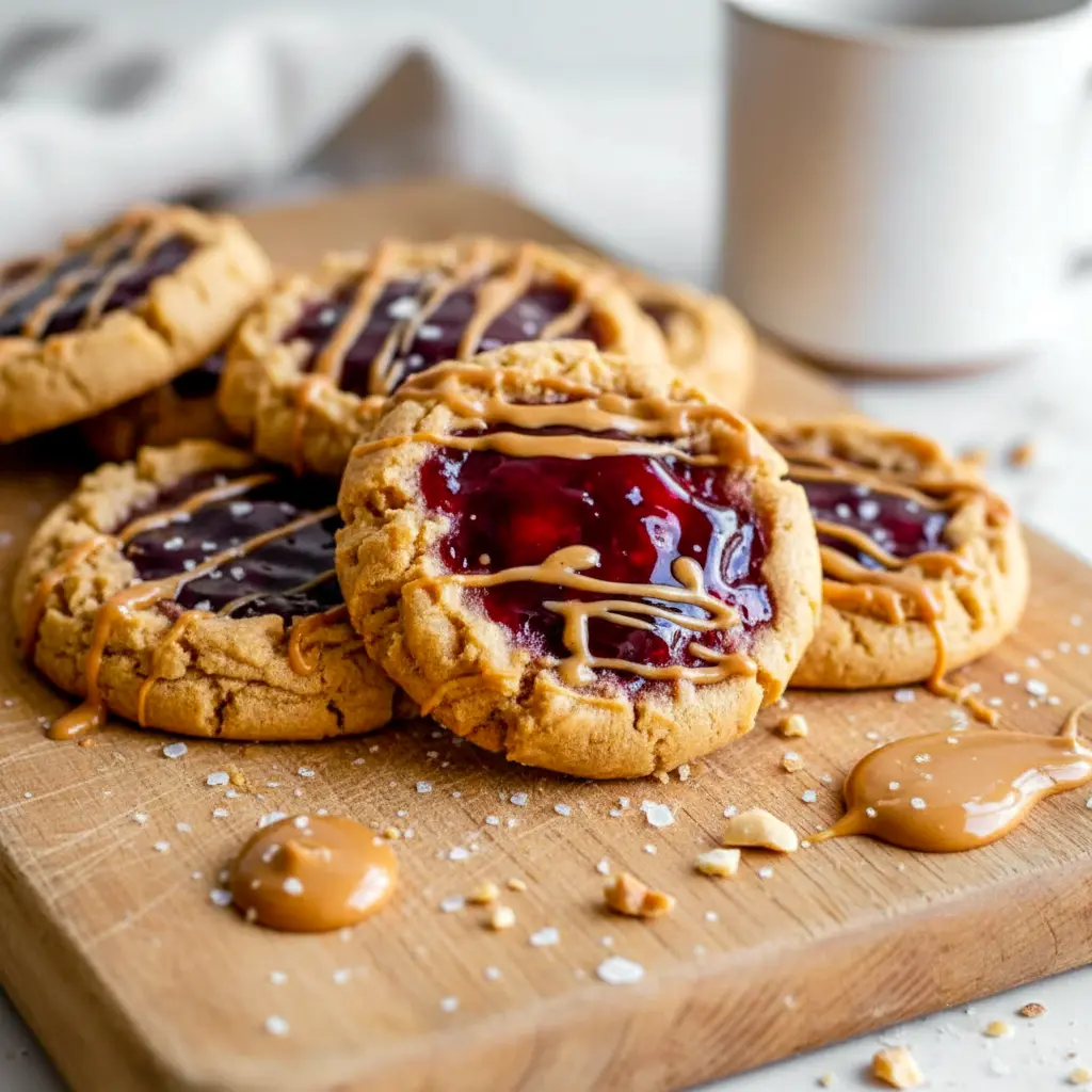 Soft peanut butter cookies topped with a glossy Jelly Filling For Cookies, styled as festive Jam Treats, arranged on a baking rack with vibrant jam bowls nearby.