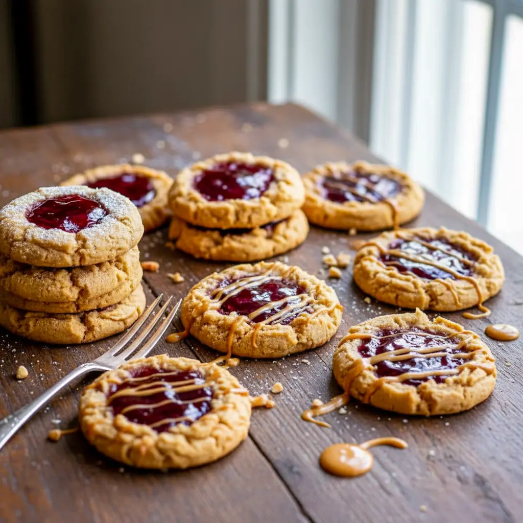 Soft peanut butter cookies topped with a glossy Jelly Filling For Cookies, styled as festive Jam Treats, arranged on a baking rack with vibrant jam bowls nearby.