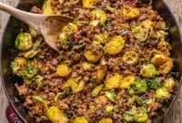 Quick Sweet Chili Beef Recipe with Brussels Sprouts - Fast Healthy Gluten Free Ground Beef Recipes1 Bowl of sweet chili–glazed ground beef mixed with sautéed Brussels sprouts, showing a flavorful and colorful Sweet Chili Ground Beef And Brussels skillet perfect for Healthy Gluten Free Ground Beef Recipes and easy Brussel Sprout Meals Dinners.