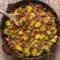 Bowl of sweet chili–glazed ground beef mixed with sautéed Brussels sprouts, showing a flavorful and colorful Sweet Chili Ground Beef And Brussels skillet perfect for Healthy Gluten Free Ground Beef Recipes and easy Brussel Sprout Meals Dinners.