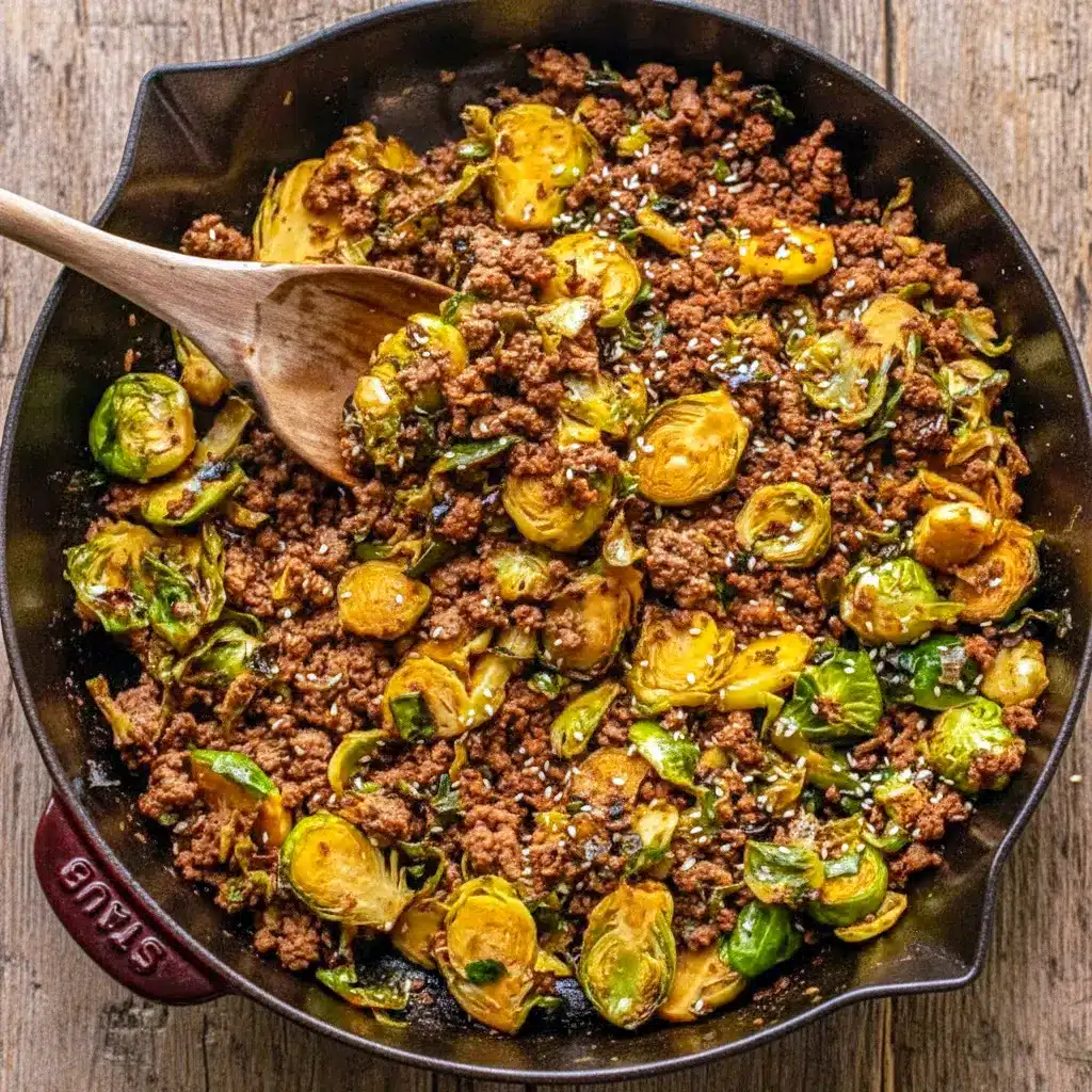 Bowl of sweet chili–glazed ground beef mixed with sautéed Brussels sprouts, showing a flavorful and colorful Sweet Chili Ground Beef And Brussels skillet perfect for Healthy Gluten Free Ground Beef Recipes and easy Brussel Sprout Meals Dinners.