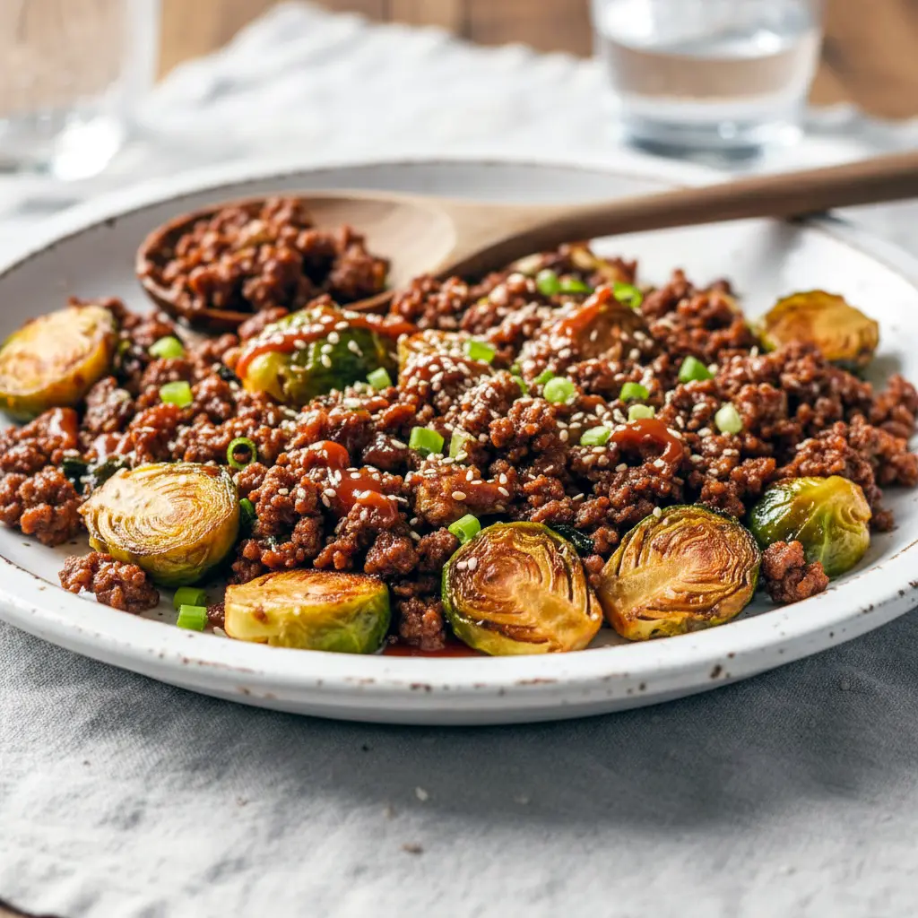 Bowl of sweet chili–glazed ground beef mixed with sautéed Brussels sprouts, showing a flavorful and colorful Sweet Chili Ground Beef And Brussels skillet perfect for Healthy Gluten Free Ground Beef Recipes and easy Brussel Sprout Meals Dinners.