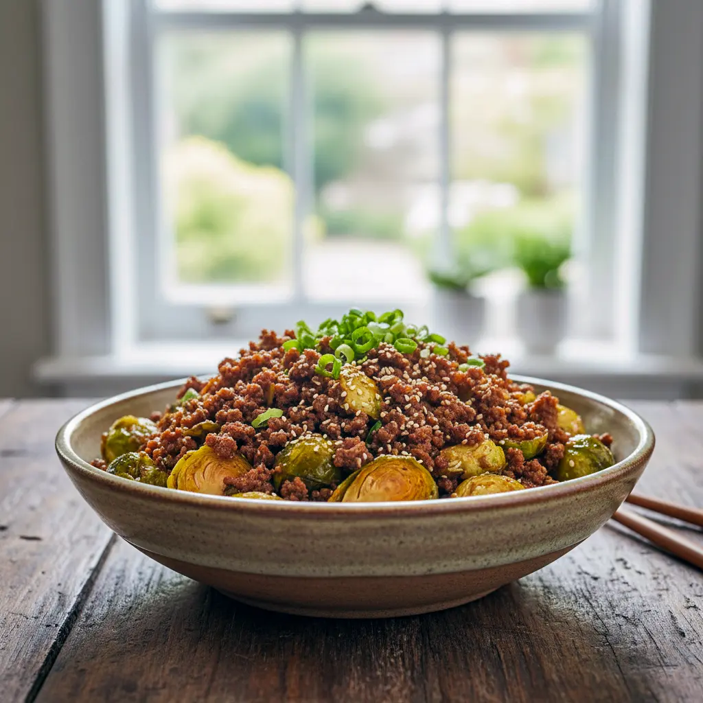 Bowl of sweet chili–glazed ground beef mixed with sautéed Brussels sprouts, showing a flavorful and colorful Sweet Chili Ground Beef And Brussels skillet perfect for Healthy Gluten Free Ground Beef Recipes and easy Brussel Sprout Meals Dinners.