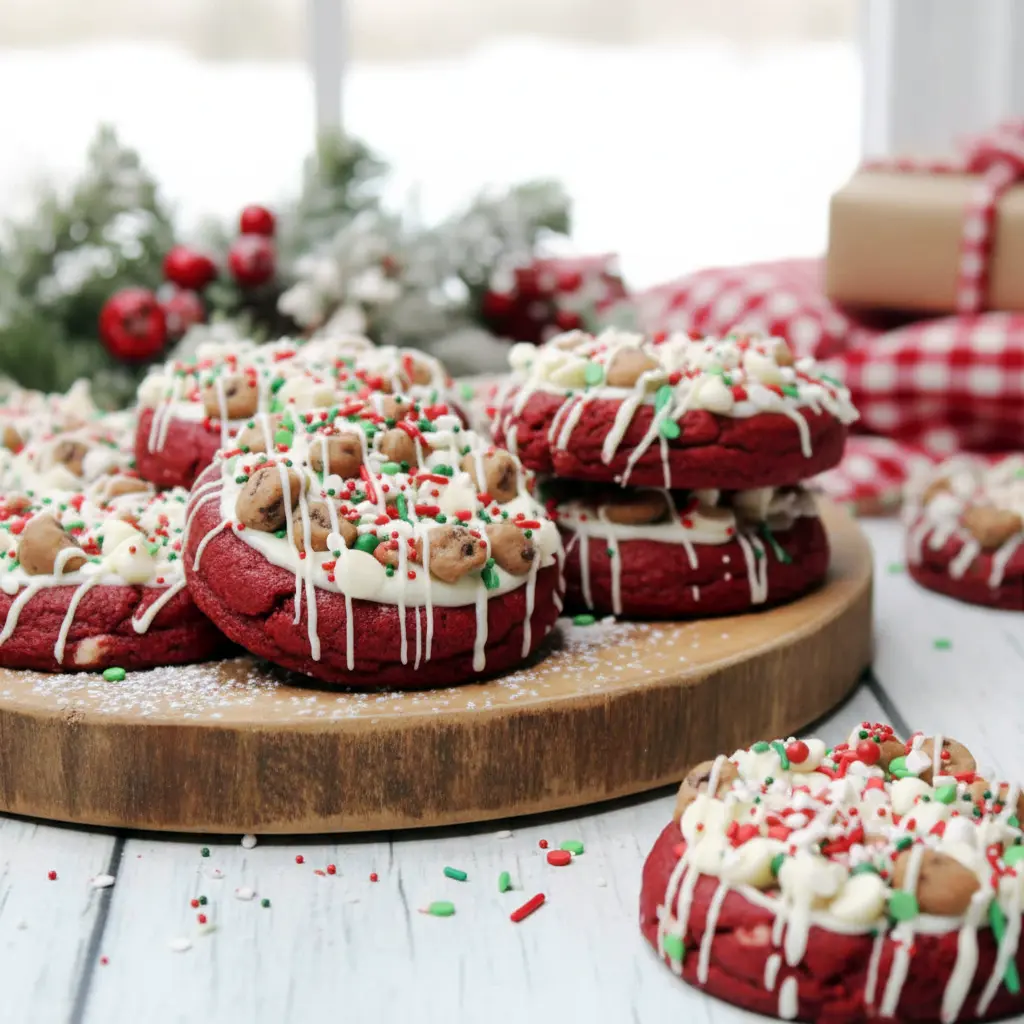 Bright red velvet Santa’s cookies loaded with chocolate chips, mini marshmallows, icing, and crushed candy canes—festive Christmas Cookies Gourmet style treats perfect for holiday baking, Fun Christmas Cookie Ideas, and Unique Christmas Cookies Recipes, ideal for gifting, snacking, and Bake Sale Treats.