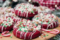 Bright red velvet Santa’s cookies loaded with chocolate chips, mini marshmallows, icing, and crushed candy canes—festive Christmas Cookies Gourmet style treats perfect for holiday baking, Fun Christmas Cookie Ideas, and Unique Christmas Cookies Recipes, ideal for gifting, snacking, and Bake Sale Treats.