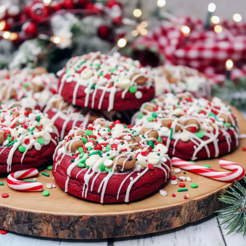 Bright red velvet Santa’s cookies loaded with chocolate chips, mini marshmallows, icing, and crushed candy canes—festive Christmas Cookies Gourmet style treats perfect for holiday baking, Fun Christmas Cookie Ideas, and Unique Christmas Cookies Recipes, ideal for gifting, snacking, and Bake Sale Treats.